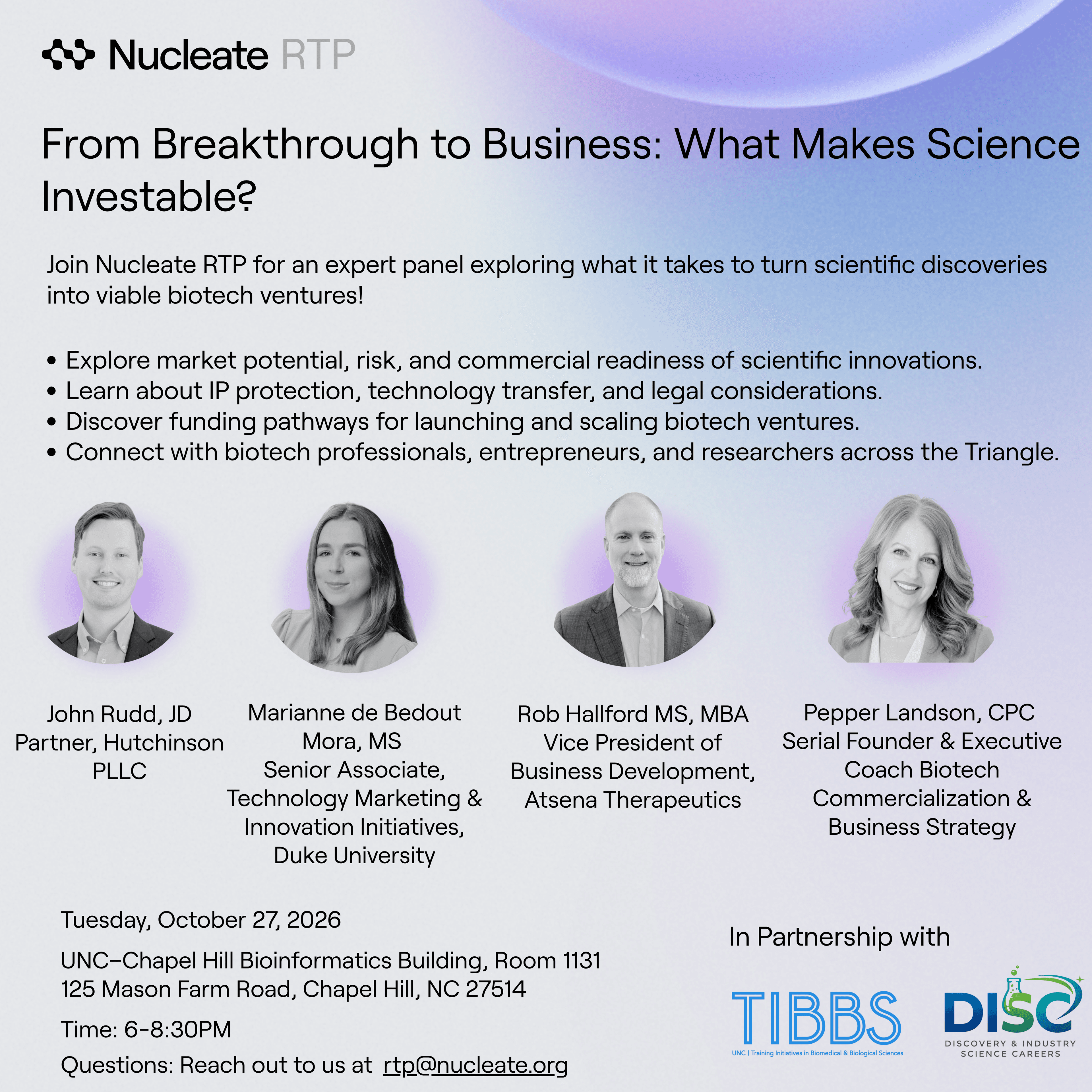 Nucleate RTP — Panel Discussion: From Breakthrough to Business: What makes science investable?