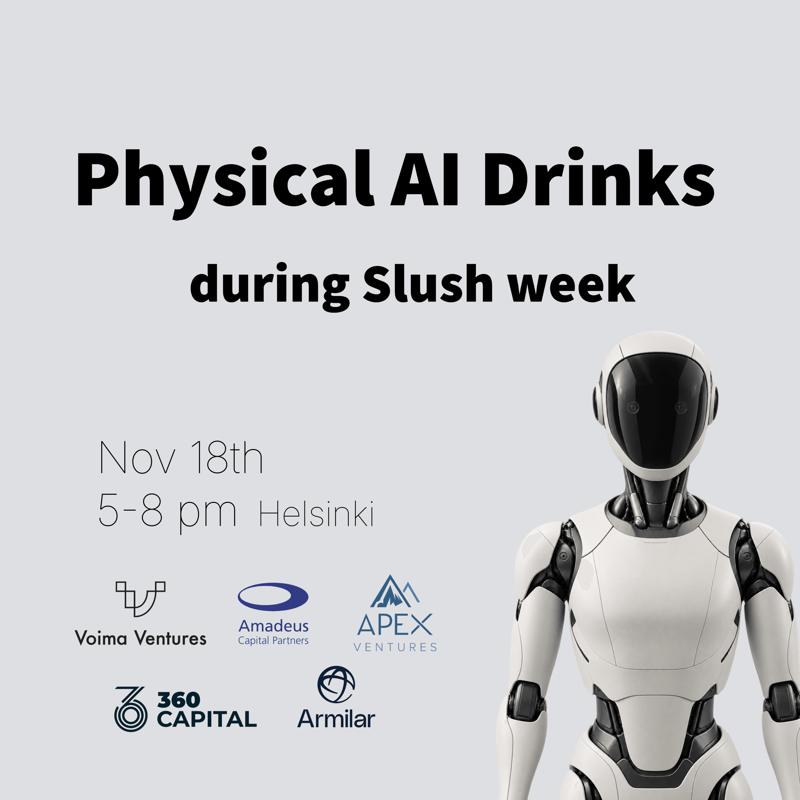 Physical AI drinks during Slush week with Voima Ventures, APEX Ventures, 360 Capital, Armilar & Amadeus Capital Partners